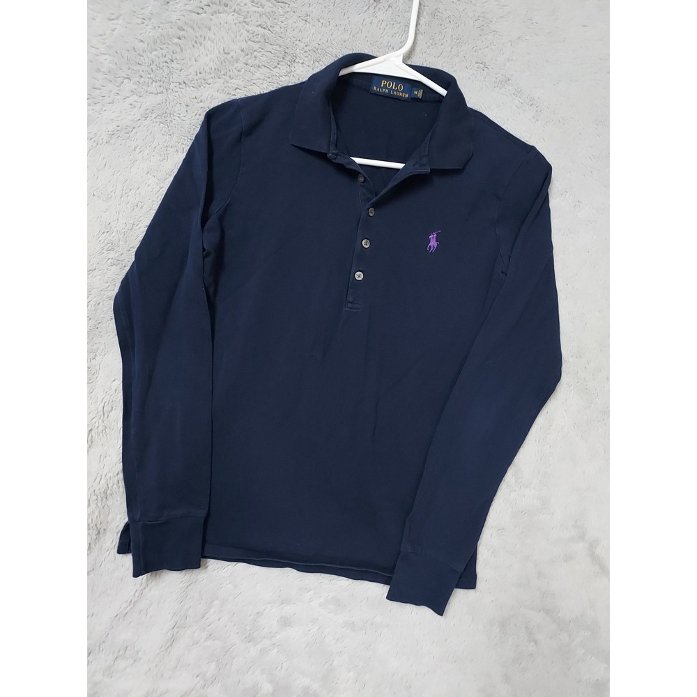 Polo Ralph Lauren Polo Shirt Women Medium Long Sleeve Knit Navy Blue Preppy Pony